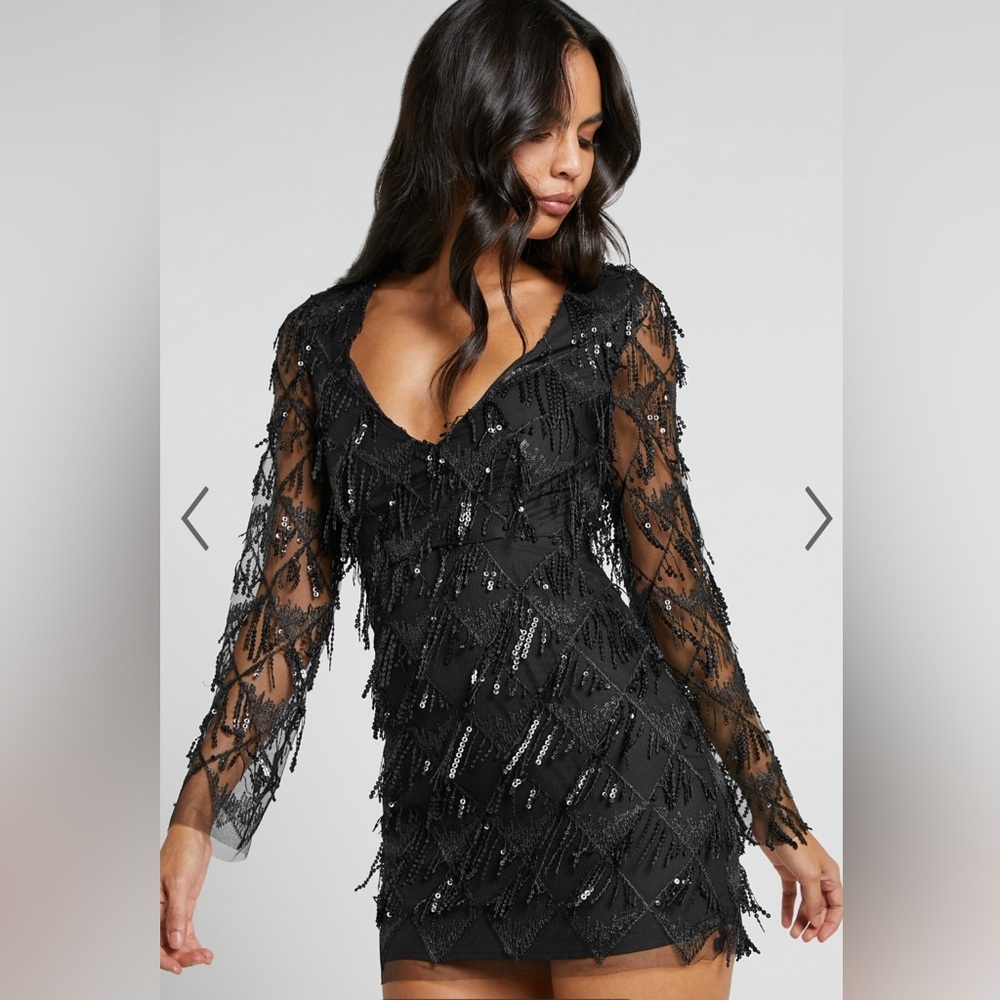 BLACK SEQUIN DIAMOND MESH LONG SLEEVE DRESS Sz S
